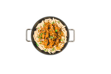 Top View of Penne Pasta with Creamy Tomato Sauce in a Black Serving Pan on a PNG Background.