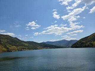 Hermoso fondo de montaña, cielo y lago.