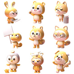 Fototapeta premium Set of cute animated animal characters with expressive faces, representing internet meme concept, each with unique personality