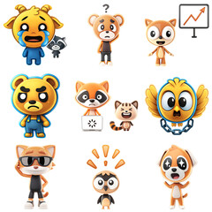 Obraz premium Set of animated animal and human characters expressing various emotions and concepts, including sadness, confusion, happiness