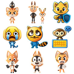 Fototapeta premium Set of animated animal characters with expressive faces and accessories, representing various emotions and concepts playful