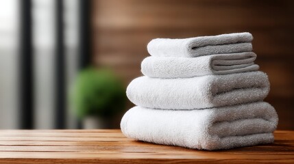 Stack of white towels on wooden table Bathroom setting with space for text Realistic texture and decor