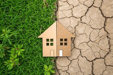 Sustainable Housing Choices Contrast Lush Greenery and Dry Cracked Earth Reflecting Environmental Impact