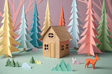 Charming Cardboard Cabin nestled in a Pastel Paper Forest scene