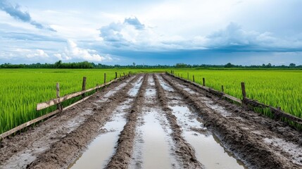 Obraz premium Scenic Rice Field Pathway with Clouds and Waterlogged Soil Under Sky