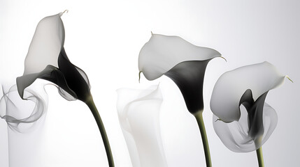 Elegant calla lilies gracefully arranged with soft lighting, creating a serene and artistic atmosphere