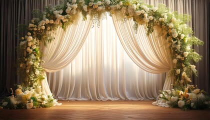Elegant wedding floral arrangement with a backdrop of white curtains and soft lighting.​