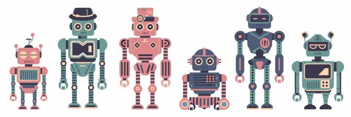 Vector icon sheet of six uniquely designed robots – Great for tech branding, game UI, or educational materials