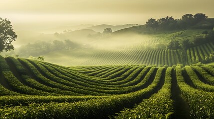 Irrigated tea plantation on foggy rolling hills