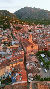 Aerial view of the picturesque town of Pollensa in Mallorca, Spain.