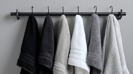 Cotton terry towels in white black and grey hanging on rail Isolated layout with natural texture and neat background