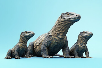 Three realistic prehistoric reptiles positioned on a light blue background, showcasing their textures and details