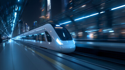 Futuristic high speed train night cityscape travel