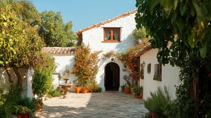 Fototapeta premium Whitewashed Mediterranean House with Flowering Vines and Courtyard