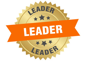leader. leader round orange and gold label isolated on transparent background