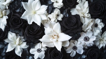 Black and white floral arrangement.  Detailed,  ornate,  display