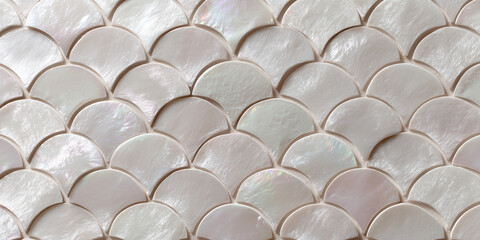 Fototapeta premium Pearl white ceramic fish scale tile with iridescent glossy finish. 