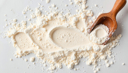 Tapioca flour texture highlighted by wooden scoop in bright kitchen, baking