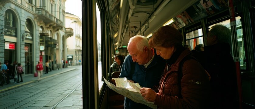 An elderly couple in warm coats studies a map, standing on a quaint, sunlit tram, surrounded by a picturesque cityscape.