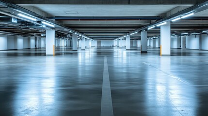 Naklejka premium Empty underground parking lot with bright lights