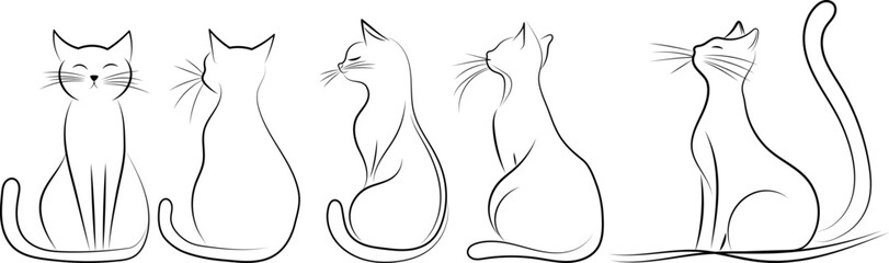 set cats sitting line drawing, sketch, outline, vector