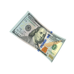 Transparent PNG 3D render of Single falling 100 dollar banknote with realistic textures and lighting. Isolated on alpha background, ideal for finance, design, marketing, and visual presentations.