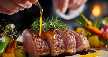 Exquisite duck breast being drizzled with rich sauce, ready for fine dining enjoyment.
