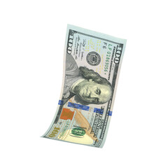 Transparent PNG 3D render of Single falling 100 dollar banknote with realistic textures and lighting. Isolated on alpha background, ideal for finance, design, marketing, and visual presentations.