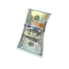 Transparent PNG 3D render of Single falling 100 dollar banknote with realistic textures and lighting. Isolated on alpha background, ideal for finance, design, marketing, and visual presentations.