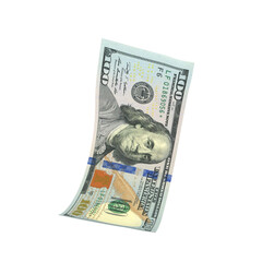 Transparent PNG 3D render of Single falling 100 dollar banknote with realistic textures and lighting. Isolated on alpha background, ideal for finance, design, marketing, and visual presentations.