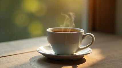 Obraz premium Hot Coffee Cup With Steam On Table