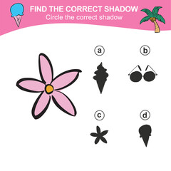 Find the correct shadow. Match the image with the shadow. Worksheet for kid. Educational printable worksheet. Simple gaming level for preschool kids. 