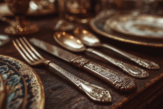 Elegant cutlery set and ornate plates arranged on a dark, rustic wooden surface, ready for fine dining presentation.