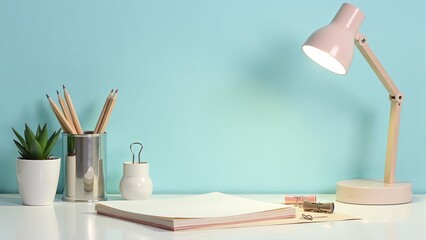 Desk Setup With Lamp And Notebook