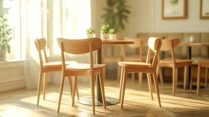 Restaurant, interior and design of room with furniture for architecture, modern or minimalistic. Chair, table and space of luxury cafeteria with laminate floor for hospitality, decoration or elegance