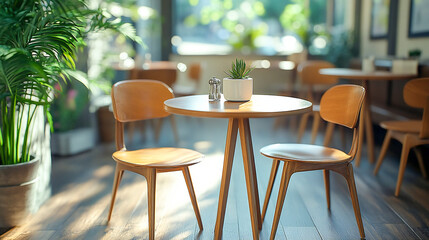 Restaurant, interior and design of room with furniture for architecture, modern or minimalistic. Chair, table and space of luxury cafeteria with laminate floor for hospitality, decoration or elegance