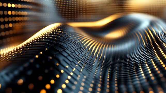 Abstract metallic mesh surface with golden glowing particles, creating a futuristic wave - Powered by Adobe