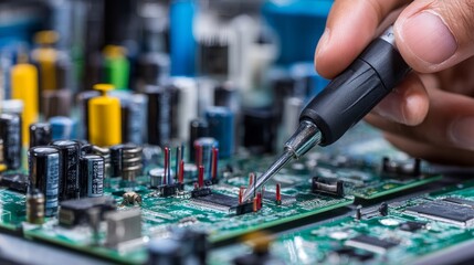 Technician checks voltage on TV circuit board Closeup of electronics repair in service and maintenance industry