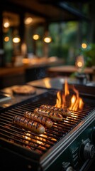 Cozy sausages grilling over open flames in restaurant kitchen