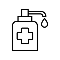 Hand Sanitizer Bottle Line Icon with Cross Symbol and Droplet