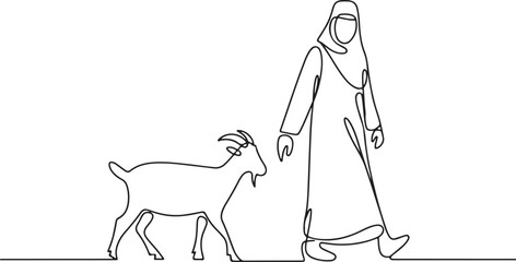Continuous one line drawing of a Muslim person walking with a goat, black and white minimalist art with clean simple lines

