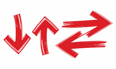 Set of hand drawn Red Arrow Brush. Grunge arrow paint different direction vector illustration 
