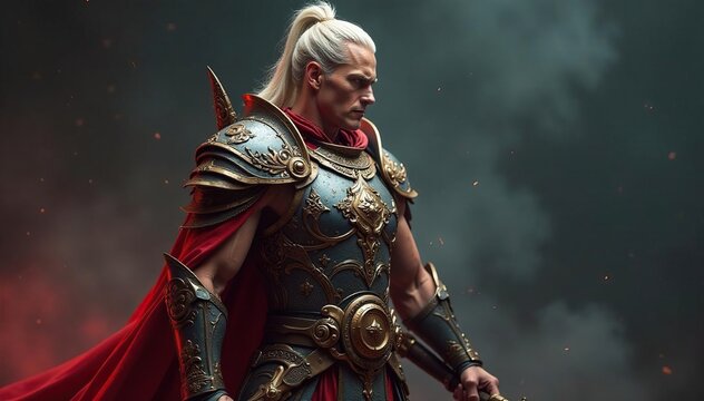 Elite warrior, ornate equipment, fierce stance, kingdom, powerful, legendary