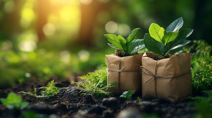 Seedlings in paper bags on forest floor in sunlight
