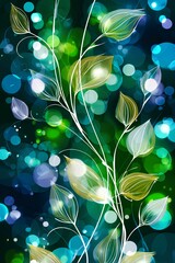 Abstract illustration featuring delicate leaves intertwined with vibrant bokeh lights in shades of green and blue, creating a visually captivating and serene atmosphere for design projects