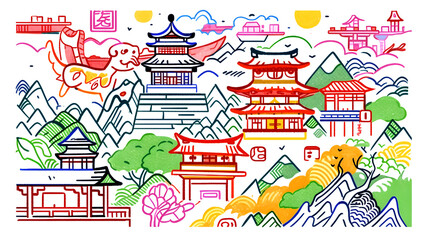 colorful landscape painting with pavilions illustration abstract background decorative painting