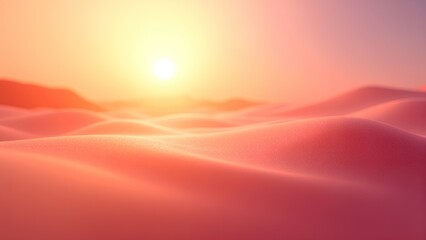 A glowing sun rises over soft, pink-hued desert dunes, creating a dreamy and tranquil landscape.