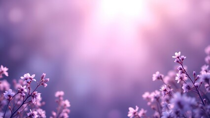 Fototapeta premium Delicate pink flowers bloom against a dreamy, soft-focus purple background with gentle sunlight.