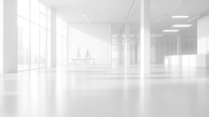 Obraz premium Modern, minimalist office space. Sunlight streams through expansive windows, illuminating a bright, open interior. Empty workspaces and support structures dominate the clean, neutral environment