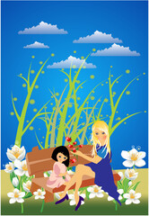 composition with mom and daughter sitting on bench